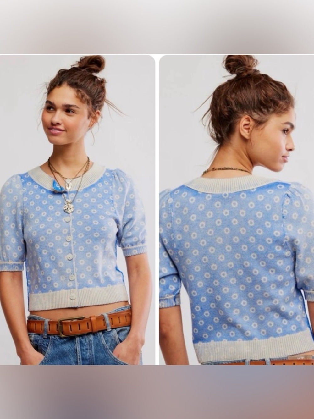 Free People Isla Patterned Cardigan Blue Wool Cashmere Knit BNWT Size L 💙🩵💙🩵 - Picture 3 of 12